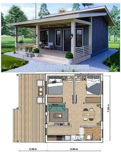 the plans for a small house are shown in two different views, one with a porch and