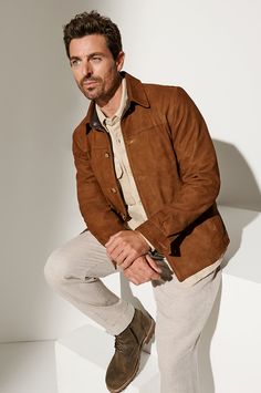 There's nothing better than a shirt jacket, especially when it's our Jasper, crafted from soft yet durable English suede lambskin. Jasper, with a ready-to-go- anywhere attitude, is outfitted with enough pockets to hold all your essentials. Fully lined and tailored to fit just right, Jasper offers lightweight warmth, whether you're hanging out with the guys or dressing up to impress. Brown Suit Jacket Outfit Men, Open Button Up Shirt Outfit Men, Mens Date Night Outfit Casual, Earth Tone Outfits Men Casual, Josh Aesthetic, Mens Layering, Casual Sport Outfit, Man Portrait, Mens Casual Outfits Summer