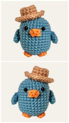 two crocheted blue birds with hats on their heads, one wearing a straw hat