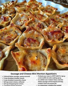 an advertisement for sausage and cheese wonton appetizers