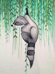 a painting of a raccoon sitting on its hind legs in front of bamboo trees