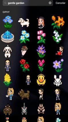 an image of pixel art with flowers and other things on the screen, all in different colors