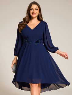 Plus Size Flowy Long Sleeves V-Neck Waist Applique Midi Chiffon Wedding Guest Dress #color_Navy Blue Semi Formal Wedding, Formal Wedding Guest Dress, Formal Wedding Guests, Blue Wedding Dresses, Wedding Guest Looks, Sophisticated Dress, Style And Grace, Navy Blue Dresses, Chiffon Fabric