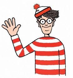 a man wearing glasses and a red striped shirt has his hand up in the air