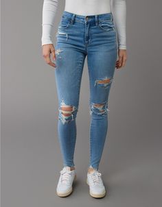 AE Next Level High-Waisted Ripped Jegging Jean Jeggings, Ripped Denim, American Eagle Jeans, American Eagle Outfitters Jeans, Black Skinnies, High Waist Jeans, Denim Shop, High Jeans, Ripped Jeans