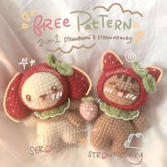 two crocheted stuffed animals holding hands with each other on a white sheet that says free pattern