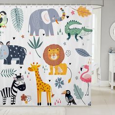 a shower curtain with animals and birds on it