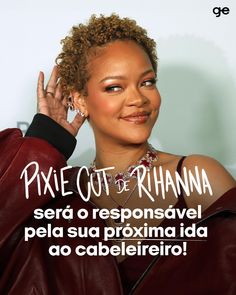 a woman in a red leather jacket with her hand up to her ear and the words pixe out de rianana