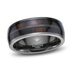 men's wedding band with black ceramic and zebra wood inlay