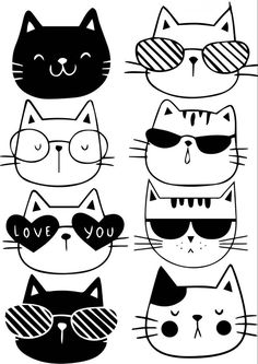 four cats wearing sunglasses and the words love you written on them are in black and white