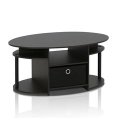 a black coffee table with two drawers on each side and an open drawer in the middle