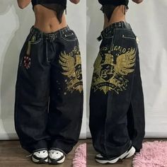 New American Harajuku Retro Y2K Oversized Loose Jeans Antarctic Fashion Wing Pattern New Gothic High Y2k Harajuku, Denim Decor, Streetwear Jeans, High Waist Wide Leg Pants, Women Y2k, Wide Trousers, Pants Fit, Jeans Y2k, Autumn 2024