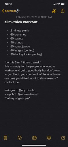 an iphone screen with the text slim - thick workout on it and instructions for how to do