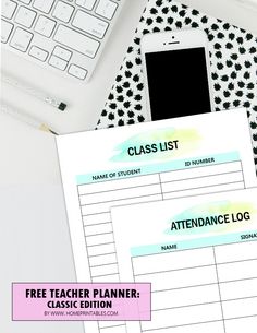 the free teacher planner is on top of a desk with a laptop and phone next to it