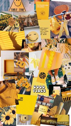 the collage is full of yellow and black images, including pictures with sunflowers on them