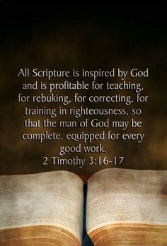 an open book with the words, all scripture is inspired by god and is probable for teaching