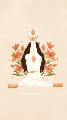 a woman is sitting in the lotus position with flowers around her