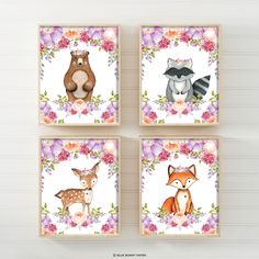 four woodland animals are shown in three square frames on a white background with flowers and leaves