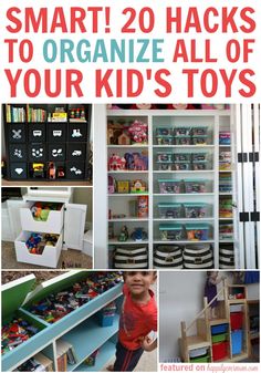 there are many toys in this bookcase with the words smart 20 hacks to organize all of your kids'toys