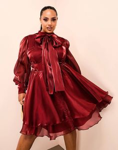 ASOS LUXE Curve long sleeved pussybow satin skater mini dress in oxblood | ASOS Long Skater Dress, Skater Mini Dress, Purple Floral Print, Spring Floral Dress, Winter Party Dress, Mini Skater Dress, Long Black Dress, Satin Slip Dress, Maxi Dress Trend