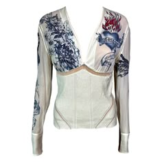 Roberto Cavalli S/S 2003 Tattoo Print Plunging Silk Knit Sheer Panels Blouse Top Size M 2003 Tattoo, Insane Fashion, A Well Traveled Woman, Tattoo T Shirt, Tattoo T Shirts, Silk Knit, Christy Turlington, Anime Warrior, Bustier Top