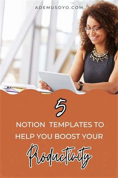 a woman sitting at a table using a laptop computer with the words, 5 nation templates to help you booster your productivity