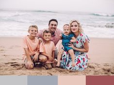 a family sitting on the beach in front of the ocean with color swatches to match