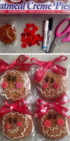 some cookies are wrapped in plastic and tied with red ribbon to look like they have been decorated