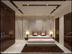 a modern bedroom with white walls and brown accents