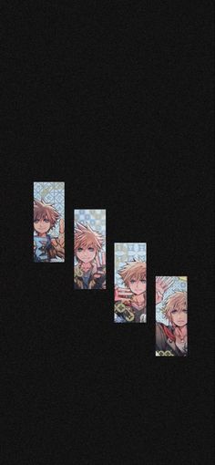 four anime pictures hanging on the wall in front of a black background with text that reads,