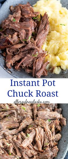 instant pot chuck roast with mashed potatoes and gravy on the side in a gray plate