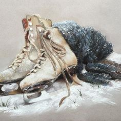 a painting of two ice skates laying on the snow