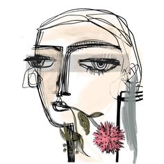 a drawing of a woman's face with flowers in her mouth