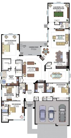 the floor plan for a two story house with three car garages and an attached living room