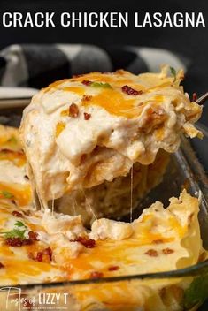 a casserole dish with chicken lasagna being lifted from the casserole