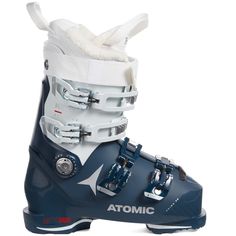 a pair of ski boots with white and blue snow gear on the bottom, side view