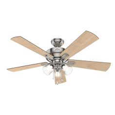 a ceiling fan with three wooden blades