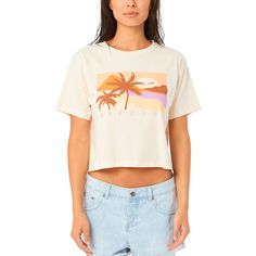 Cute In A Cropped Silhouette With A Retro Beach Vibe, This Rip Curl Juniors' T-Shirt Is In All Cotton With A Soft Enzyme Wash. Relaxed Fit Crewneck Graphic At Front 100% Cotton Machine Washable Imported Beach Season Crew Neck Crop Top, Casual Crew Neck Crop Top For Beach Season, Casual Short Sleeve Crop Top For Beach Season, Beachy Tops With Graphic Print For Day Out, Beachy Graphic Print Tops For A Day Out, Casual Beach Crop Top With Crew Neck, Casual Crew Neck Crop Top For Beach, Beachy Cotton Tops For Day Out, Beachy Short Sleeve Tops