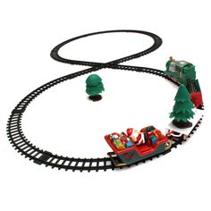 a toy train with christmas trees and gifts on it's tracks in front of a white background