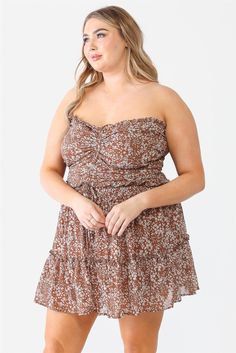 Junior Plus Mocha Floral Print Ruched Ruffle Smocked Back Top & High Waist Flare Hem Mini Skirt Set /1-1-1 Fashion Forward Outfits, Diva Style, Mini Skirt Set, Cocktail Dress Formal, Curvy Swimwear, Floral Print Tops, Ruffle Top, Sheer Fabrics, Spring Dresses