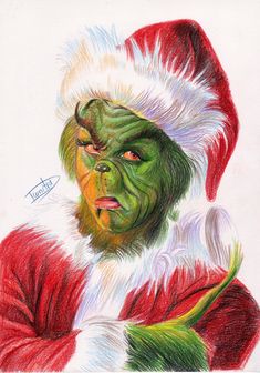 a colored pencil drawing of a green man wearing a santa hat and feathered coat