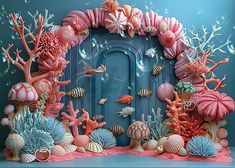 an underwater scene with corals, seaweed and other marine creatures in pink colors