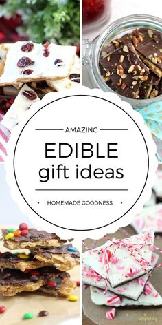 the words amazing edible gift ideas are shown above pictures of homemade cookies and desserts