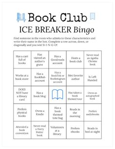 the book club ice breaker bingo game