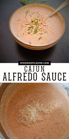 two pictures with different types of food in them and the words cajun alfredo sauce