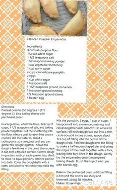 the recipe for pumpkin empanadas is shown on an orange and white background