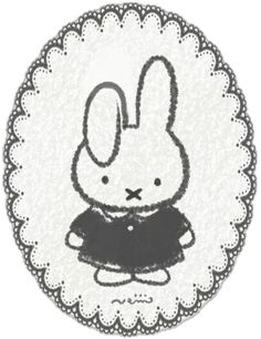 a black and white drawing of a rabbit in a dress on a doily frame