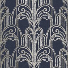 an art deco wallpaper design in navy blue and white, with swirls on it