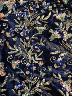 Sequence embroidered velvet 45" wide beautiful navy blue with blue gold sequence embroidered floral design sold by the yard.  Best use for apparel & home furnishing or Theatrecal designer Custome. Blue Sequin Fabric With Intricate Embroidery For Party, Party Sequin Fabric With Floral Embroidery In Blue, Festive Blue Embroidered Sequin Fabric, Blue Embellished Sequin Fabric For Festive Occasions, Floral Leaves, Embroidered Velvet, Outfit Plan, Navy Velvet, Holiday Party Outfit