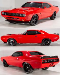 three different views of a red muscle car